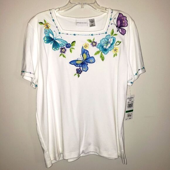 ALFRED DUNNER BUTTERFLY FLORAL SEQUIN SPRING SHORT SLEEVE TOP SIZE LARGE - Picture 1 of 5